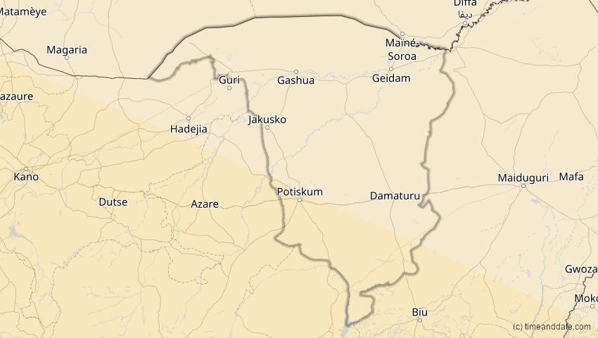 A map of Yobe, Nigeria, showing the path of the 4. Dez 2002 Totale Sonnenfinsternis