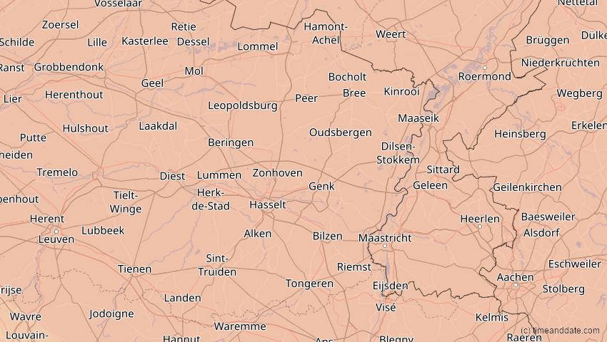 A map of Limburg, Belgien, showing the path of the 31. Mai 2003 Ringförmige Sonnenfinsternis