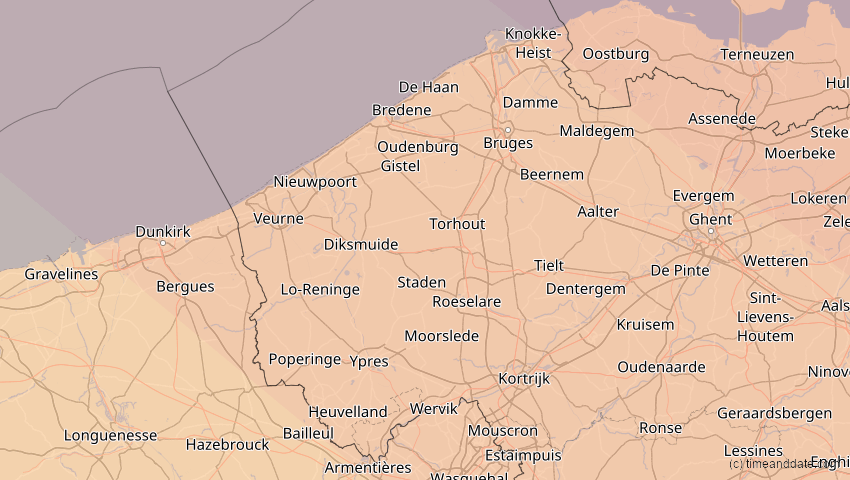 A map of Westflandern, Belgien, showing the path of the 31. Mai 2003 Ringförmige Sonnenfinsternis