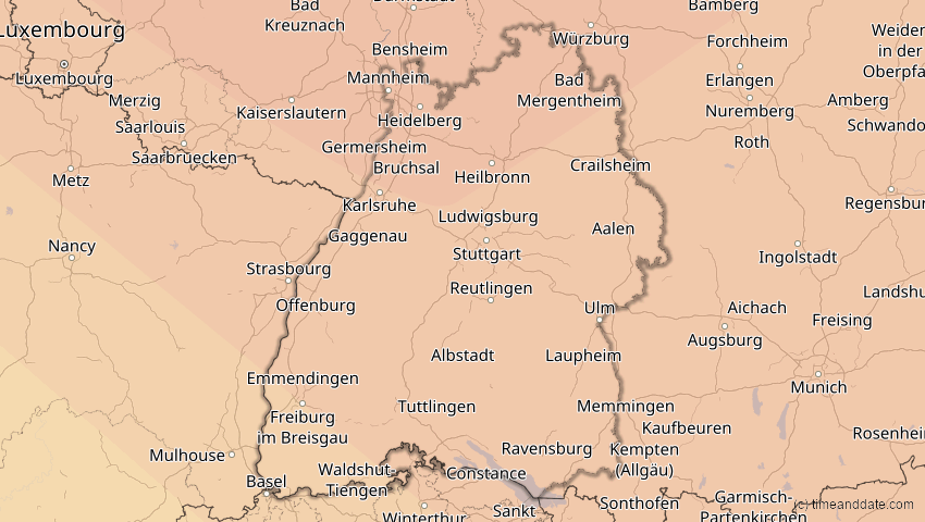 A map of Baden-Württemberg, Deutschland, showing the path of the 31. Mai 2003 Ringförmige Sonnenfinsternis