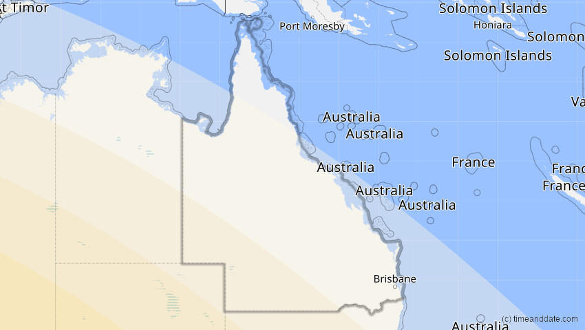 A map of Queensland, Australien, showing the path of the 24. Nov 2003 Totale Sonnenfinsternis