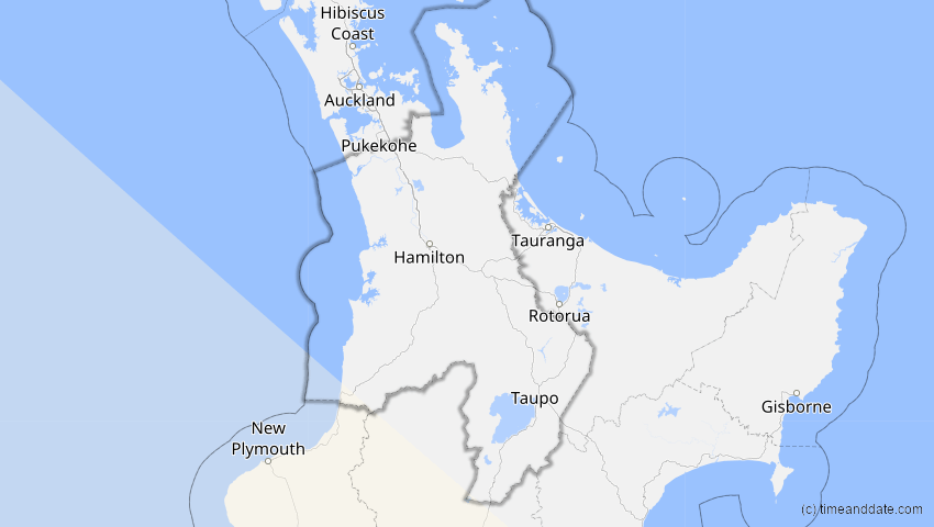 A map of Waikato, Neuseeland, showing the path of the 24. Nov 2003 Totale Sonnenfinsternis