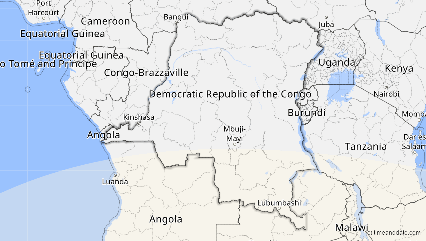 A map of Kongo Dem.Rep., showing the path of the 19. Apr 2004 Partielle Sonnenfinsternis