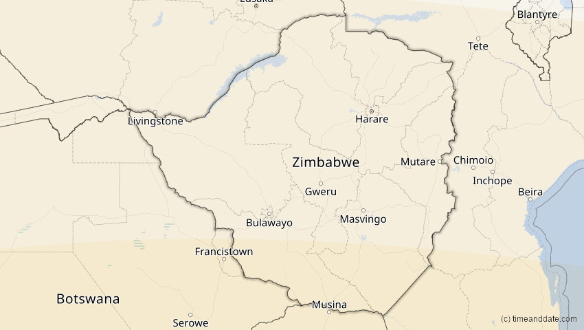 A map of Simbabwe, showing the path of the 19. Apr 2004 Partielle Sonnenfinsternis