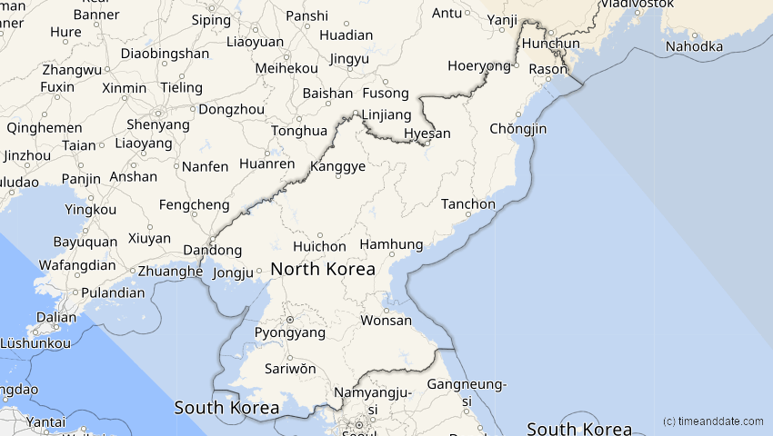 A map of Nordkorea, showing the path of the 14. Okt 2004 Partielle Sonnenfinsternis