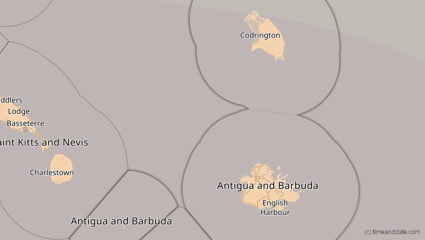 A map of Antigua und Barbuda, showing the path of the 8. Apr 2005 Totale Sonnenfinsternis