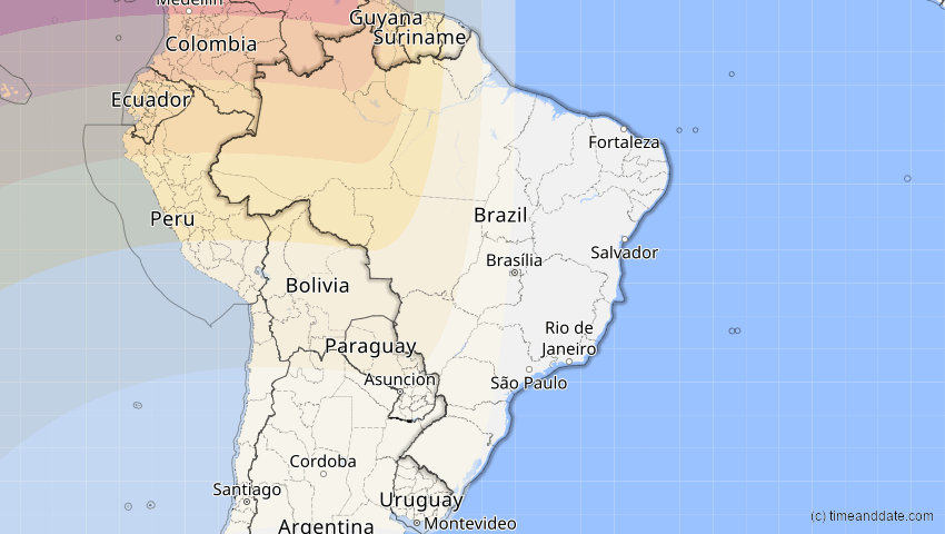 A map of Brasilien, showing the path of the 8. Apr 2005 Totale Sonnenfinsternis