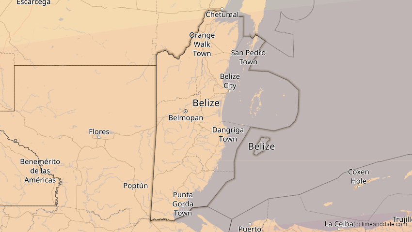 A map of Belize, showing the path of the 8. Apr 2005 Totale Sonnenfinsternis