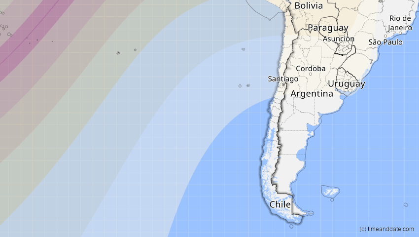 A map of Chile, showing the path of the 8. Apr 2005 Totale Sonnenfinsternis