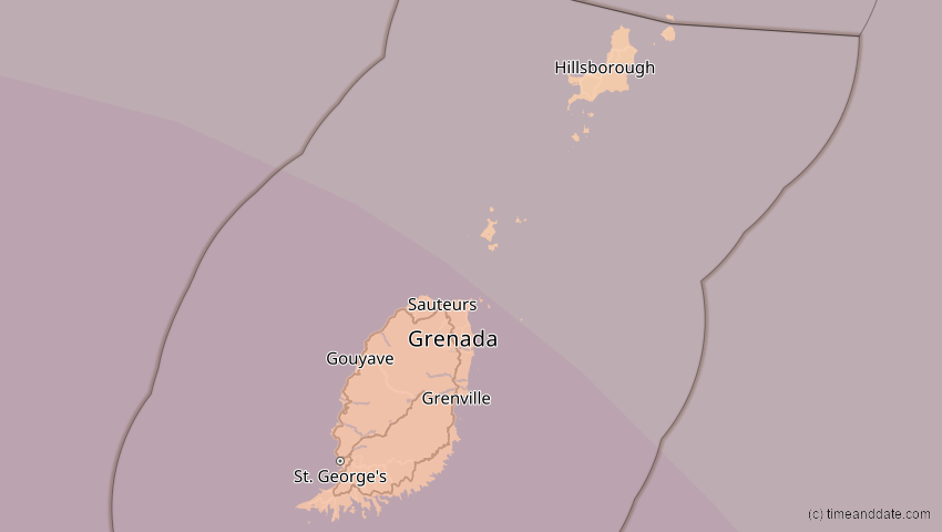 A map of Grenada, showing the path of the 8. Apr 2005 Totale Sonnenfinsternis