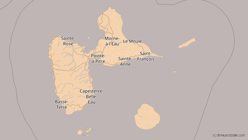 A map of Guadeloupe, showing the path of the 8. Apr 2005 Totale Sonnenfinsternis