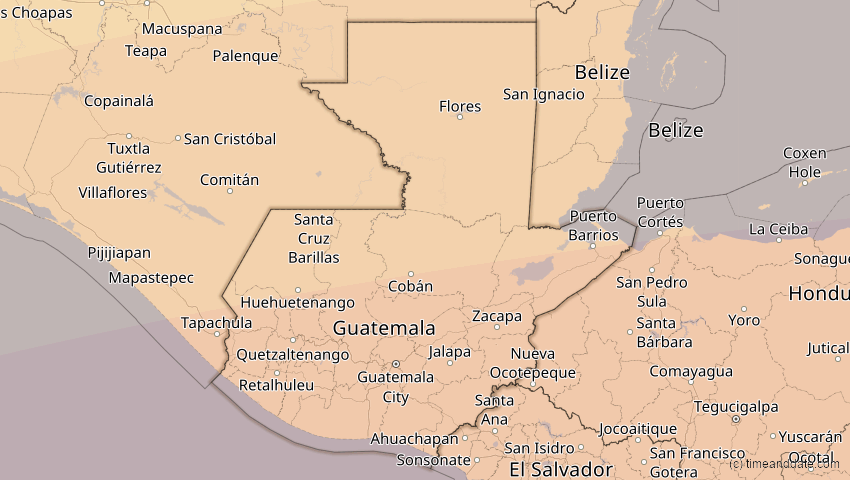 A map of Guatemala, showing the path of the 8. Apr 2005 Totale Sonnenfinsternis