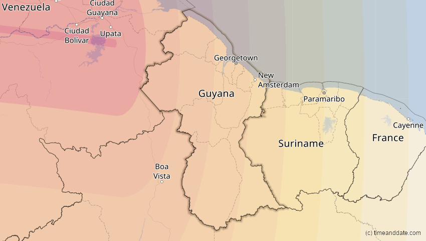 A map of Guyana, showing the path of the 8. Apr 2005 Totale Sonnenfinsternis