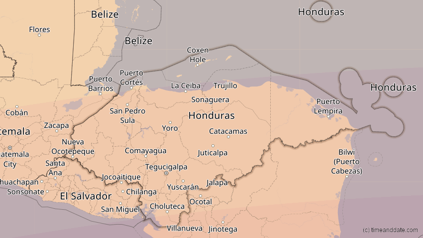 A map of Honduras, showing the path of the 8. Apr 2005 Totale Sonnenfinsternis