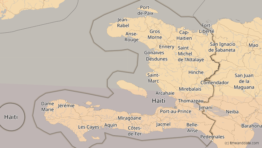 A map of Haiti, showing the path of the 8. Apr 2005 Totale Sonnenfinsternis