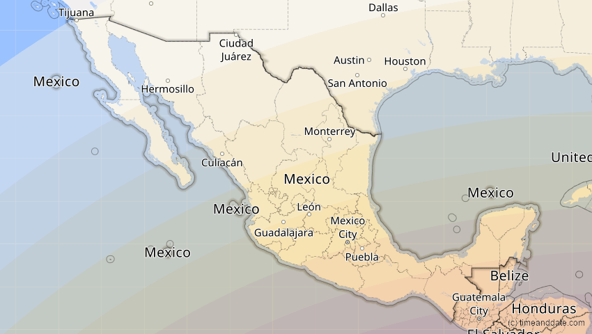 A map of Mexiko, showing the path of the 8. Apr 2005 Totale Sonnenfinsternis