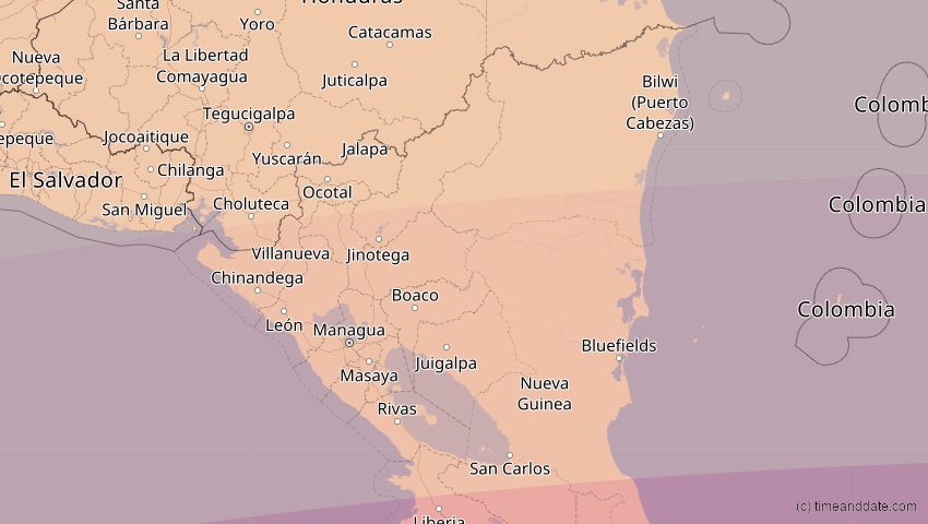 A map of Nicaragua, showing the path of the 8. Apr 2005 Totale Sonnenfinsternis