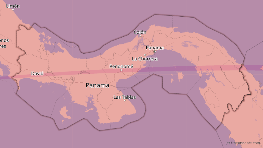 A map of Panama, showing the path of the 8. Apr 2005 Totale Sonnenfinsternis
