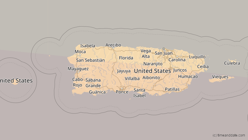 A map of Puerto Rico, showing the path of the 8. Apr 2005 Totale Sonnenfinsternis