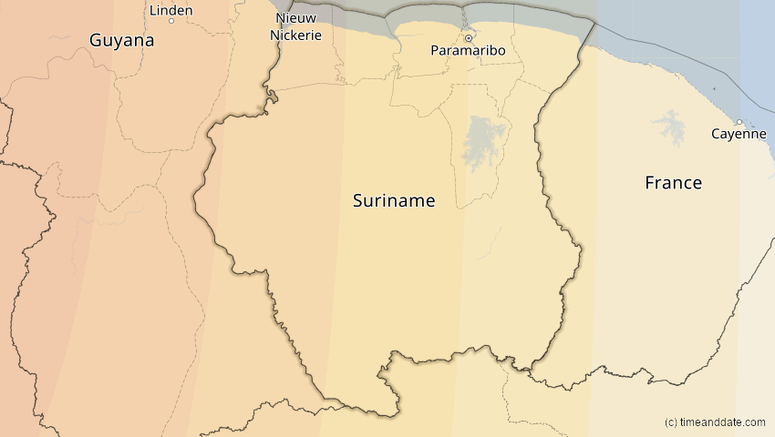 A map of Suriname, showing the path of the 8. Apr 2005 Totale Sonnenfinsternis