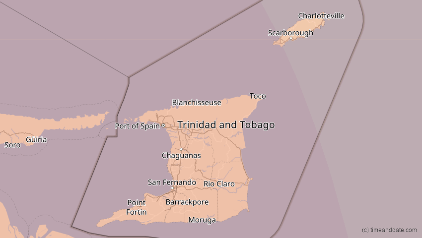 A map of Trinidad und Tobago, showing the path of the 8. Apr 2005 Totale Sonnenfinsternis