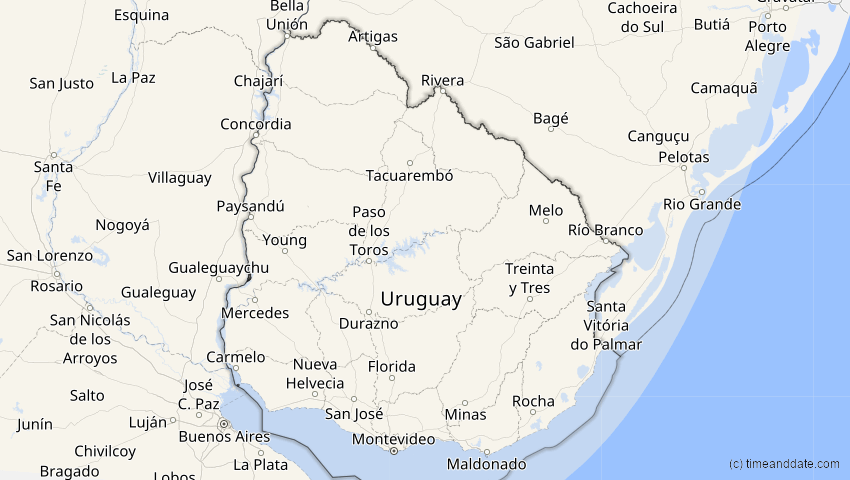 A map of Uruguay, showing the path of the 8. Apr 2005 Totale Sonnenfinsternis