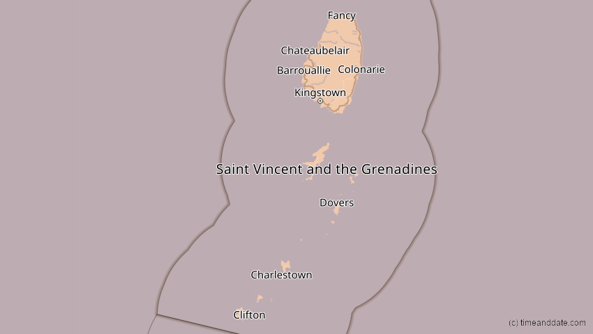 A map of St. Vincent und die Grenadinen, showing the path of the 8. Apr 2005 Totale Sonnenfinsternis