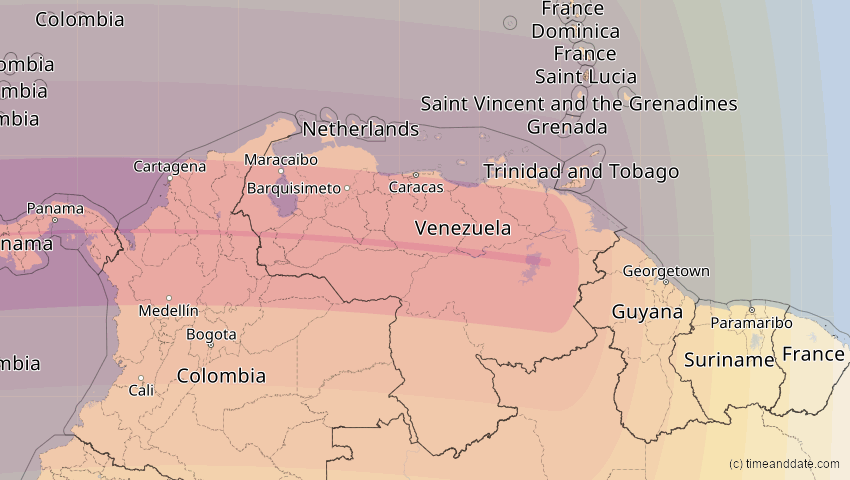 A map of Venezuela, showing the path of the 8. Apr 2005 Totale Sonnenfinsternis