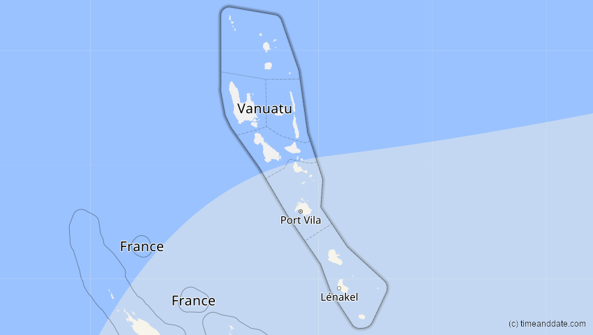 A map of Vanuatu, showing the path of the 9. Apr 2005 Totale Sonnenfinsternis