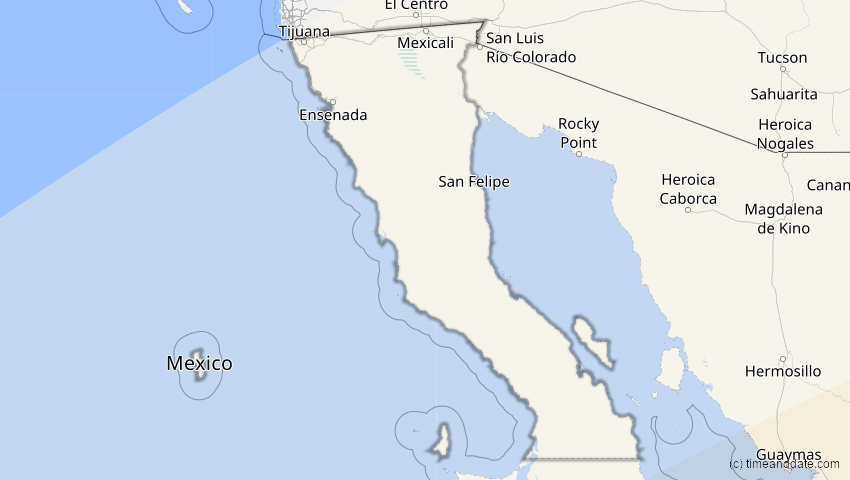 A map of Baja California, Mexiko, showing the path of the 8. Apr 2005 Totale Sonnenfinsternis