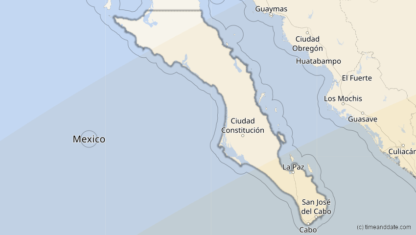 A map of Baja California Sur, Mexiko, showing the path of the 8. Apr 2005 Totale Sonnenfinsternis