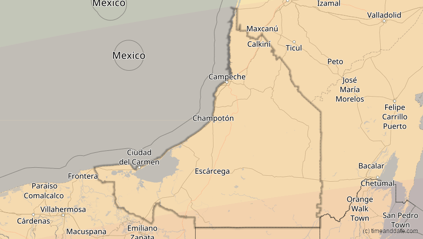 A map of Campeche, Mexiko, showing the path of the 8. Apr 2005 Totale Sonnenfinsternis