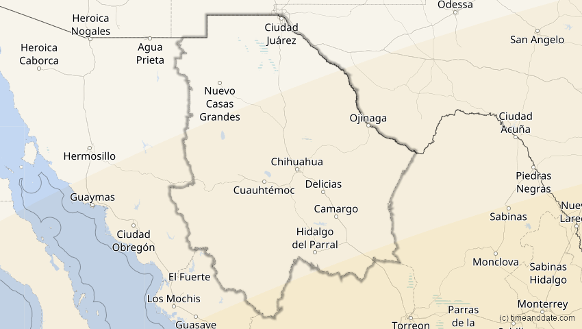 A map of Chihuahua, Mexiko, showing the path of the 8. Apr 2005 Totale Sonnenfinsternis