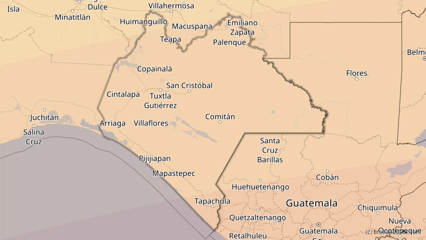 A map of Chiapas, Mexiko, showing the path of the 8. Apr 2005 Totale Sonnenfinsternis