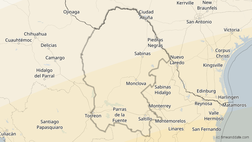 A map of Coahuila, Mexiko, showing the path of the 8. Apr 2005 Totale Sonnenfinsternis