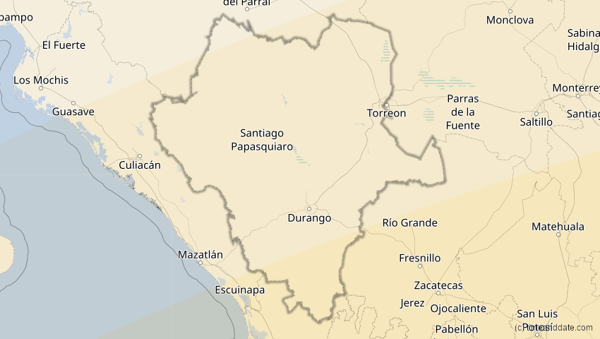 A map of Durango, Mexiko, showing the path of the 8. Apr 2005 Totale Sonnenfinsternis