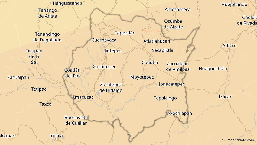 A map of Morelos, Mexiko, showing the path of the 8. Apr 2005 Totale Sonnenfinsternis