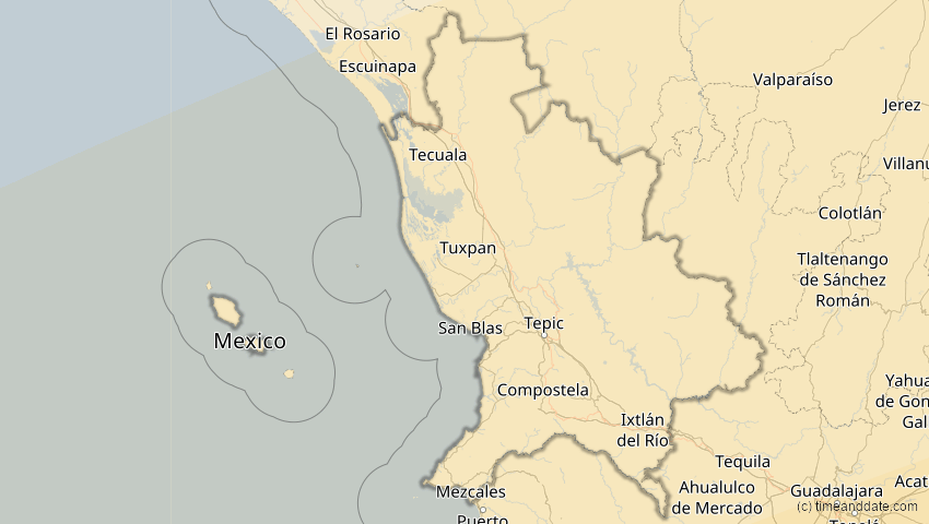 A map of Nayarit, Mexiko, showing the path of the 8. Apr 2005 Totale Sonnenfinsternis