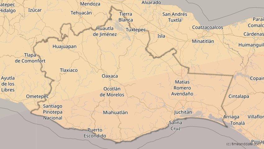 A map of Oaxaca, Mexiko, showing the path of the 8. Apr 2005 Totale Sonnenfinsternis