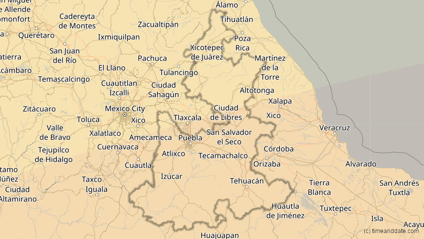 A map of Puebla, Mexiko, showing the path of the 8. Apr 2005 Totale Sonnenfinsternis