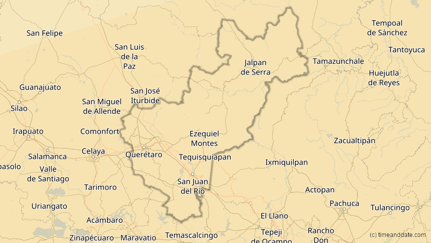 A map of Querétaro, Mexiko, showing the path of the 8. Apr 2005 Totale Sonnenfinsternis