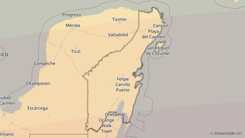 A map of Quintana Roo, Mexiko, showing the path of the 8. Apr 2005 Totale Sonnenfinsternis