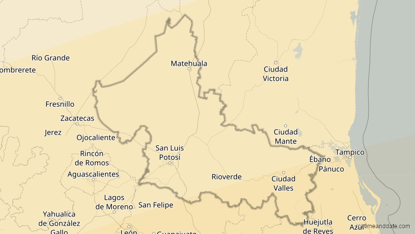 A map of San Luis Potosí, Mexiko, showing the path of the 8. Apr 2005 Totale Sonnenfinsternis