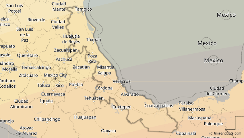 A map of Veracruz, Mexiko, showing the path of the 8. Apr 2005 Totale Sonnenfinsternis