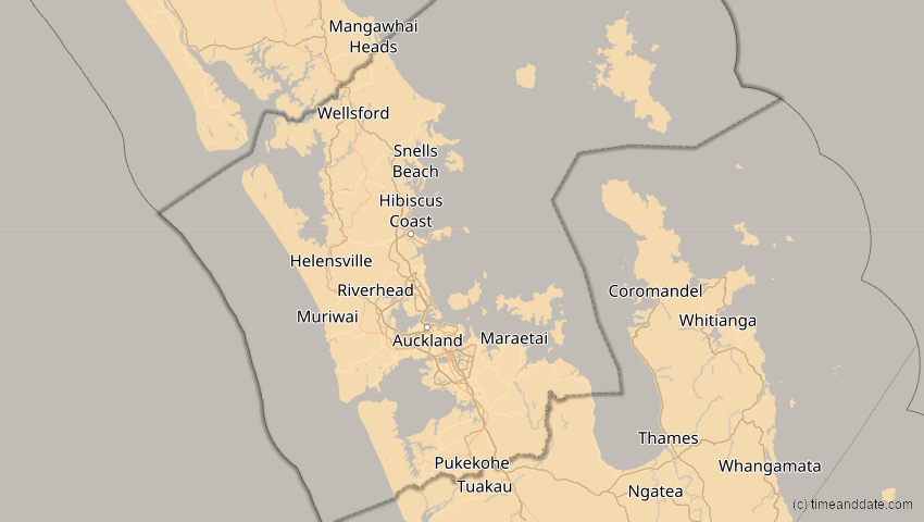 A map of Auckland, Neuseeland, showing the path of the 9. Apr 2005 Totale Sonnenfinsternis