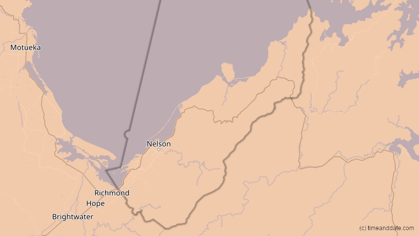 A map of Nelson, Neuseeland, showing the path of the 9. Apr 2005 Totale Sonnenfinsternis