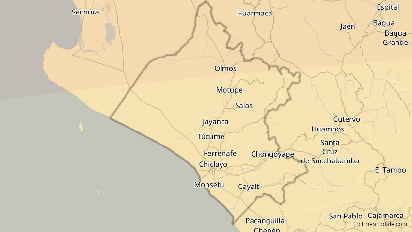 A map of Lambayeque, Peru, showing the path of the 8. Apr 2005 Totale Sonnenfinsternis