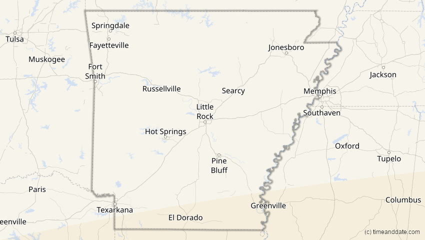 A map of Arkansas, USA, showing the path of the 8. Apr 2005 Totale Sonnenfinsternis