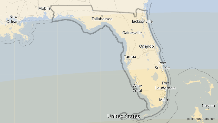 A map of Florida, USA, showing the path of the 8. Apr 2005 Totale Sonnenfinsternis