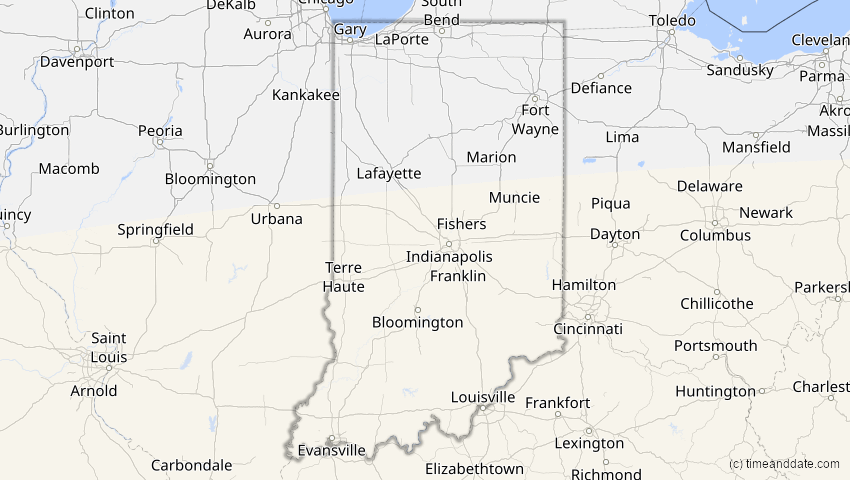 A map of Indiana, USA, showing the path of the 8. Apr 2005 Totale Sonnenfinsternis